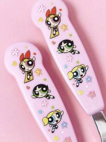 THE POWERPUFF GIRLS X SHEIN Cute Cartoon Cheese Shaped Silver 2-Piece Spork Set, Tableware, Tableware, - Pink - View 3