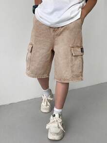 SHEIN Little Byeori 青少年男孩时尚休闲 Y2K 复古酷炫工装口袋设计宽松舒适的牛仔短裤，适合日常穿着，也适合春夏锐舞派对和海滩穿着。 - 卡其色 - 查看 6