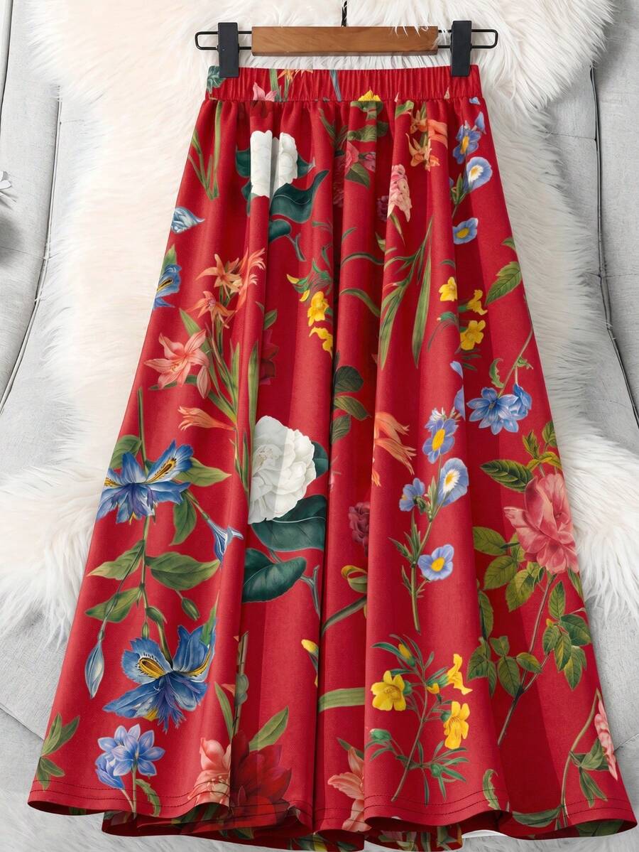 Franclia 大尺碼女款花卉印花鬆緊腰裙,適合度假穿著 - 紅色 - 查看 1