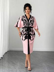 Elenzga Plus Size Women's Fashionable Elegant Batwing Sleeve V-Neck Open Front Bodycon Dress - Pink - View 4