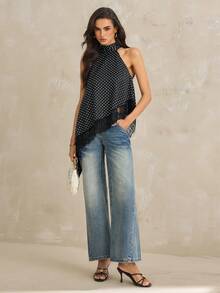 SHEIN Tall Women's Black And White Polka Dot Asymmetrical High Neck Halter Top With Lace Trim,Elegant Summer Sleeveless Top For Day Party Wedding Guest, Tall Women - Black - View 3
