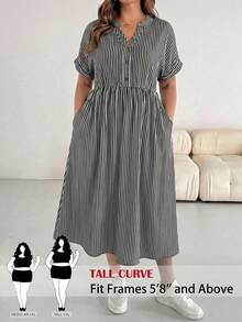 SHEIN Tall CURVE Damen Große Größen V-Ausschnitt gestreiftes gerafftes Casual Party Kleid - Schwarz und Weiss - Übersicht 1