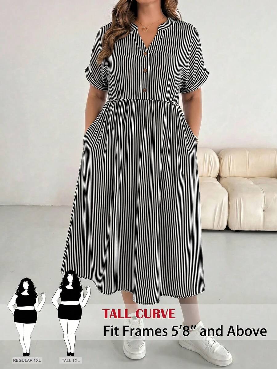 SHEIN Tall CURVE Damen Große Größen V-Ausschnitt gestreiftes gerafftes Casual Party Kleid - Schwarz und Weiss - Übersicht 1