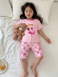 SHEIN 两件套少女可爱图案针织圆领紧身T恤和短裤睡衣套装 - 彩色 - 查看 4