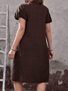 EMERY One Size Solid Color Button Front Casual Summer Dress - Brown - View 2