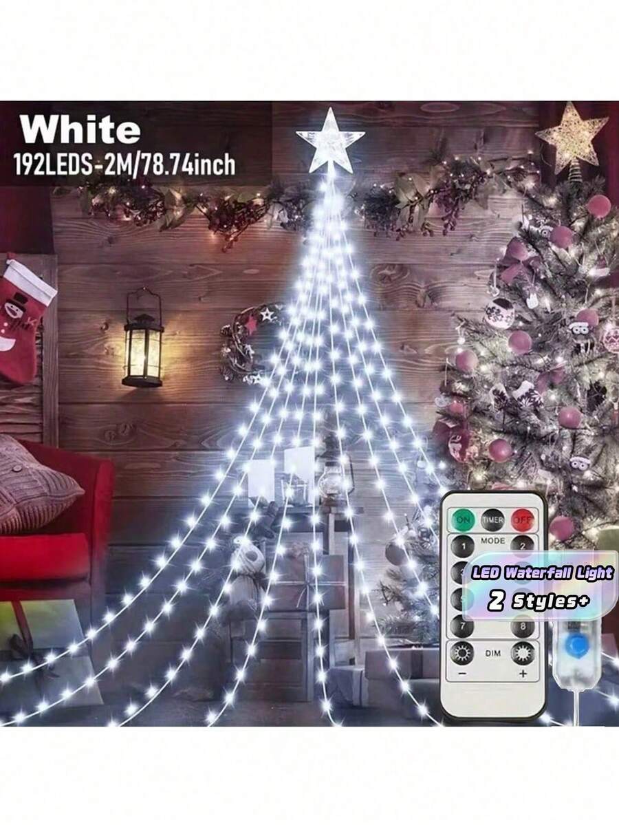 1PC USB Powered LED Waterfall Lights, Star String Lights, With Remote Control, 8 Modes Of Outdoor And Indoor Fairy Lights, Adjustable Height, Infrared Sensor, Suitable For Courtyard, Party,Christmas Tree, Halloween, And Thanksgiving Decoration,Colorful Light String/White Light /Warm Light String - white light - View 1