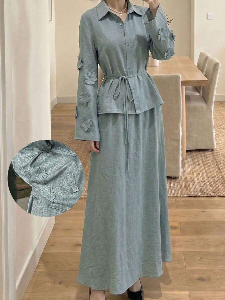 Veilorie 女士优雅花卉装饰衬衫和裙子两件套，秋季