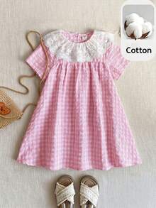 PrepCrw 1件装 女童优雅刺绣领宽松格子娃娃裙，适合外出、聚会、节日、春夏季节穿着 - 粉色 - 查看 2