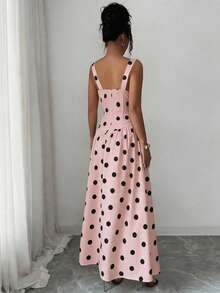SHEIN Elenzya Đầm công sở thanh lịch kiểu Bohemian màu mơ chấm bi lớn, không tay, cổ chữ U xếp ly bất đối xứng, thích hợp cho phụ nữ đi nghỉ mát. - Hồng - Xem 2