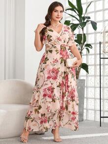 SHEIN Clasi 大码女式碎花荷叶袖优雅连衣裙 - 彩色 - 查看 3