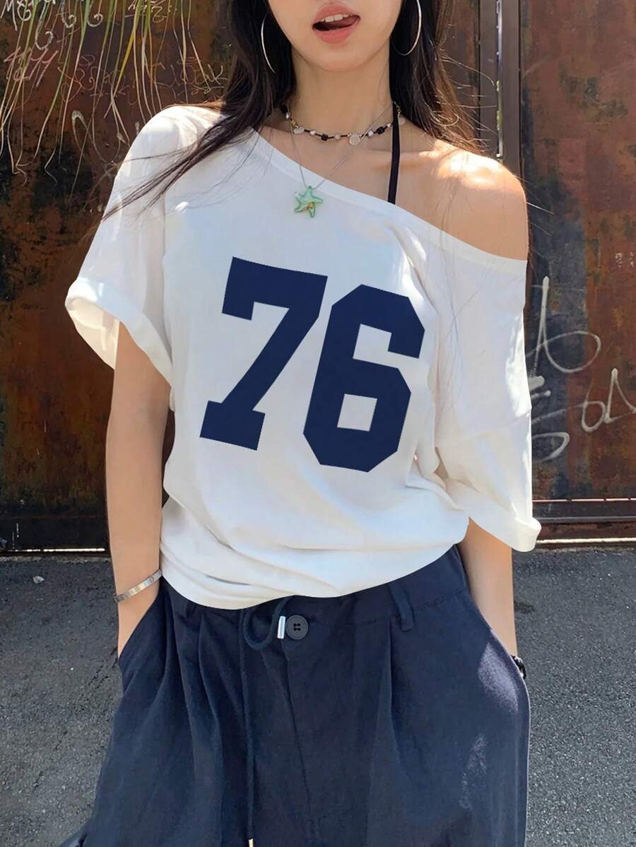 INAWLY 女士数码印花圆领可变肩短袖 T 恤,夏季图案 T 恤女式上衣 - 白色 - 查看 1