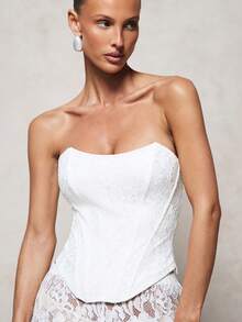 KIZN Áo corset ren trắng không dây với cổ áo hình trái tim và chi tiết buộc dây phía sau, thích hợp cho buổi hẹn hò tối. - trắng - Xem 4