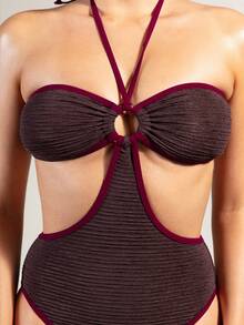 Rouah Traje de baño de una pieza con escote halter y recortes de color contrastante para mujer - Traje de baño, ropa de playa, vacaciones, día de piscina, día de playa - Marrón - Ver 4