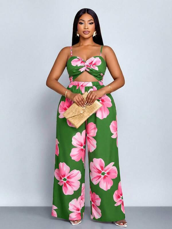 SOLERSUN Women's Plus Size Elegant Casual Sleeveless Black & White Floral Print Twist-Knot Wide Leg Jumpsuit With Spaghetti Straps, Spring And Summer