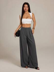 SHEIN PETITE Quần ống rộng dáng suông màu cà phê đậm phong cách tối giản dành cho nữ, quần công sở màu nâu, quần ống rộng cạp cao cho nữ, quần tây màu nâu cho mùa thu/đông, quần cạp cao màu xám, quần tây nữ, quần ống rộng cho nữ, quần áo mùa thu cho nữ. - Xám - Xem 5