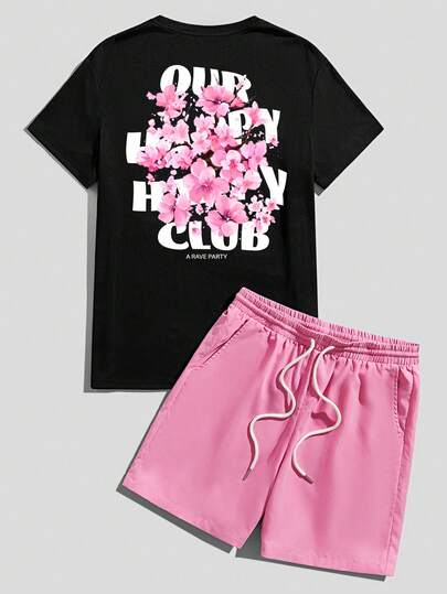 Solurane Vintage American Cherry Blossom Petal English Slogan Layout Casual Print Men's Standard Black T-Shirt And Pink Shorts Set
