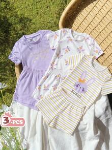 SHEIN Vintaside Kids 6件套女婴/幼儿0-3岁春夏可爱兔子条纹T恤短裤休闲装套装 - 紫色 - 查看 2