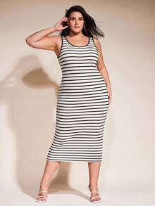 SHEIN BASICS 大码女士条纹修身休闲吊带连衣裙 - 藍白色 - 查看 6
