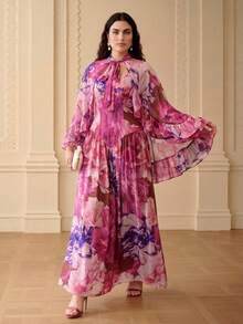 ZEYLAH 花卉印花两件套浪漫荷叶边吊带长裙，春夏款 - 玫紅色 - 查看 3