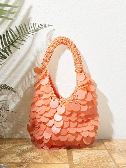 SHECARRY Túi xách nữ màu cam đính sequin, tinh tế và lộng lẫy, nhẹ nhàng, thiết kế móc cài thủ công, phù hợp cho sử dụng hàng ngày, đi làm, hẹn hò, mùa hè, dự tiệc, kỳ nghỉ, đi biển, phối đồ bên bờ biển.