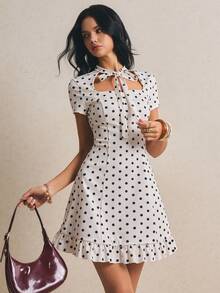 Poéselle Women's Tie Collar Polka Dot Casual Party Mini Dress - Apricot - View 1
