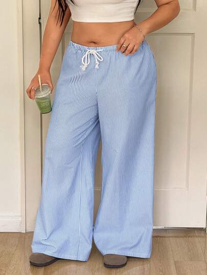 Sunnyshic Blue & White Striped Wide Leg Pants For Women, Summer Loose Drawstring Straight Leg Casual Relaxed Trousers