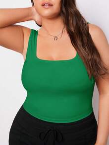 SHEIN BASICS 大码女式纯色方领休闲百搭背心 - 綠色 - 查看 5