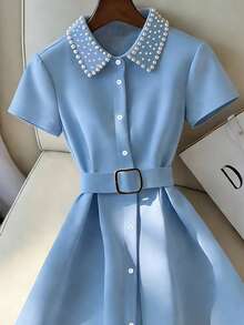 GlowEve Women's Solid Color Urban Casual Commuter Dress With Decorative Beads, Mid-Length - Blue - View 4