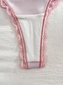 PetitDoll French Sweet Heart Print Lace Patchwork Underwire Bralette & Panty Set - Pink - View 5