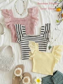 SHEIN Áo dệt kim tay ngắn cổ vuông kẻ sọc cho bé gái, áo thun ngắn tay họa tiết rỗng viền bèo nhún, áo vest trẻ em phong cách retro thường ngày, trang phục mùa hè thoáng khí và áo sơ mi kẻ sọc độc đáo cho trẻ em. - Đen và trắng - Xem 4