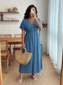Enliva Vestido de talla grande con mangas tipo murciélago y estampado de lunares bohemio, outfit para mujer en verano - azul real - Ver 3
