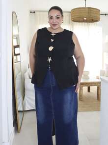 Pretty and Ole Giacca da donna taglie forti con collo rotondo, maniche, stile semplice da ufficio, con finiture in metallo, camicie da insegnante, outfit da donna insegnante nero estivo - nero - Visualizzare 2
