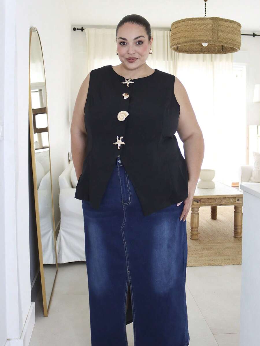 Pretty and Ole Giacca da donna taglie forti con collo rotondo, maniche, stile semplice da ufficio, con finiture in metallo, camicie da insegnante, outfit da donna insegnante nero estivo