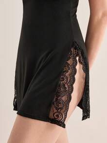 Hourtrue 2pcs Lace Patchwork Bowknot Decor Romantic Side Slit Camisole Nightgownfor Summer - Multicolor - View 7