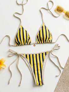 Swim Vcay 女款夏季新款掛脖綁帶對比飾邊雛菊吊墜低腰三角比基尼套裝 - 黃色 - 查看 3