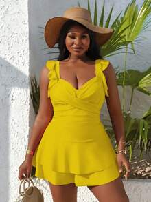 Slaydiva 大尺碼女款純色細肩帶荷葉邊交叉前設計坦基尼泳衣，芥末黃夏季熱帶度假海灘風 - 黃色 - 查看 3