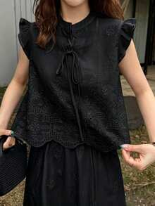 FRIFUL 女款花卉刺繡前綁帶上衣與百褶裙休閒兩件套夏季 - 黑色 - 查看 4