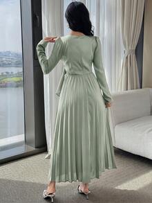 Modelyn Women's Solid Color Round Neck Pleated Hem Elegant Dress,Dresses For Women Summer - Green - View 2