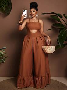 Maweii Bộ jumpsuit hai dây gợi cảm màu trơn khoét eo dành cho nữ cỡ lớn - màu nâu - Xem 3