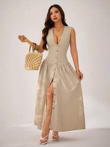 SHEIN PETITE Đầm nữ thanh lịch, tối giản màu kaki giả vải lanh, cổ chữ V, không tay, thắt eo, đầm sơ mi cài cúc phía trước, đầm xòe, đầm thường ngày, đầm phong cách retro, đầm tối giản, đầm đi nghỉ mát. - Màu Khaki - Xem 3