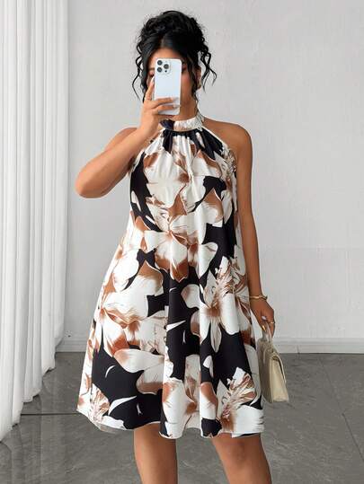 Elenzga Plus Size Women's Elegant Yellow Floral Print Halter Mini Dress, Graceful Maxi Dress Design, Single Shoulder Long Sleeve Elegant Dress, Resort Maxi Dress, Textured Fabric Comfortable Spring Summer Wedding, Music Festival, Mother's Day, Halloween, Thanksgiving, Easter, National Day, Prom, Date Party, Wedding Season, Outdoor