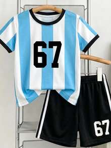 [Random 3 Sets,Send 1 Sets] Young Boy Casual Simple T-Shirt Set Summer Outfits Toddlers Boys Football Soccer Uniform Running Athletics Jogging Outfits - White - View 9
