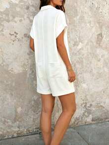 Selamara Women's Solid Color Short Sleeve Collared Straight Jumpsuit - White - View 2