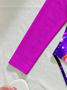 Traje de baño de una pieza de manga larga para niñas preadolescentes con estampado de personajes de grupos de chicas K-POP luminosos y unicolor, para playa, piscina y deportes acuáticos de verano - Multicolor - Ver 4