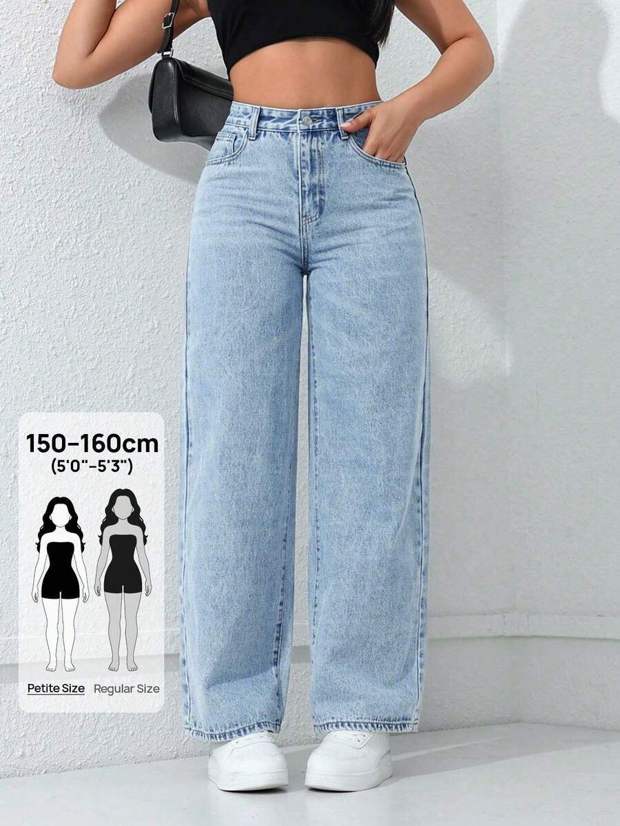SHEIN PETITE 休閒日常水洗斜口袋直筒牛仔褲，小碼女款