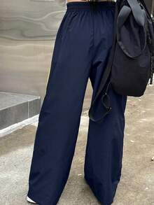 DAZY Celana Panjang Wanita Kasual Olahraga dengan Tali Serut di Pinggang, Lis Kontras, Potongan Longgar dan Lebar, Cocok untuk Perjalanan Sehari-hari - Navy Blue - View 4