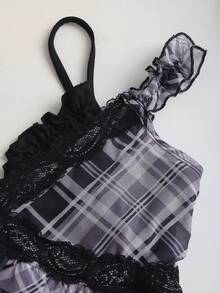 Sweetra 女士格子蕾丝拼接荷叶边休闲派对迷你连衣裙 - 彩色 - 查看 6