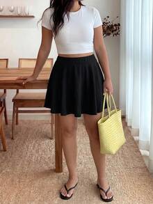 Enliva Jennifer_samantha_style Plus Size Ruched Casual Elastic Waist Solid Skirt, For Apple Rounded Body Shape - Black - View 3