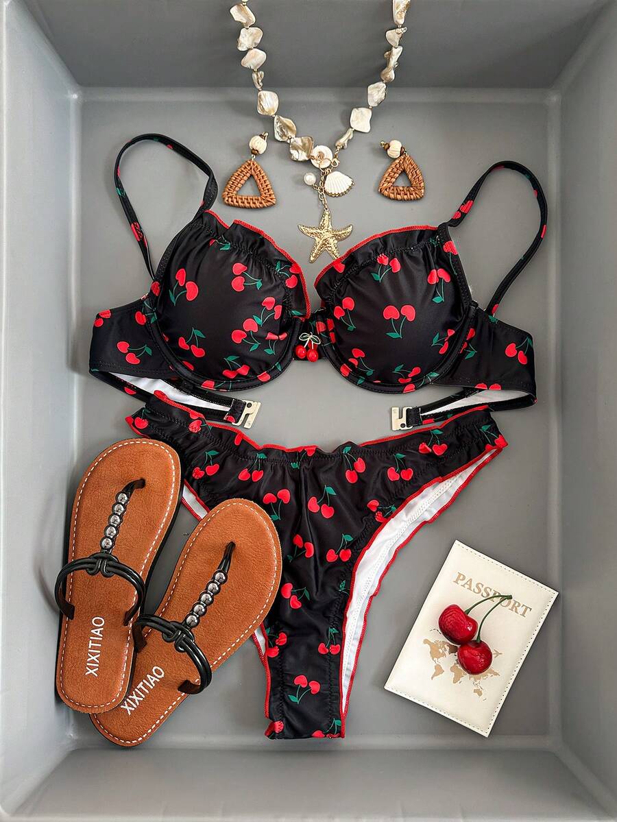 Swim Mod Women's Sweet Cute Floral & Cherry Print Swimsuit Set For Summer Beach Vacation - Black - View 1