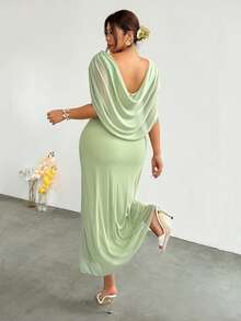 Firerie Robe de soirée élégante vert sauge grande taille pour femme, robe d'invitée de mariage d'été, col drapé en maille élastique, taille cintrée, pour remise de diplôme, bal et rassemblement - Vert - Voir 3